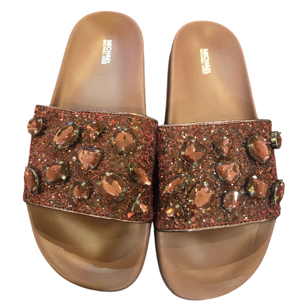 MK Gilmore glitter and rhinestones sparkly chunky slides in dark berry